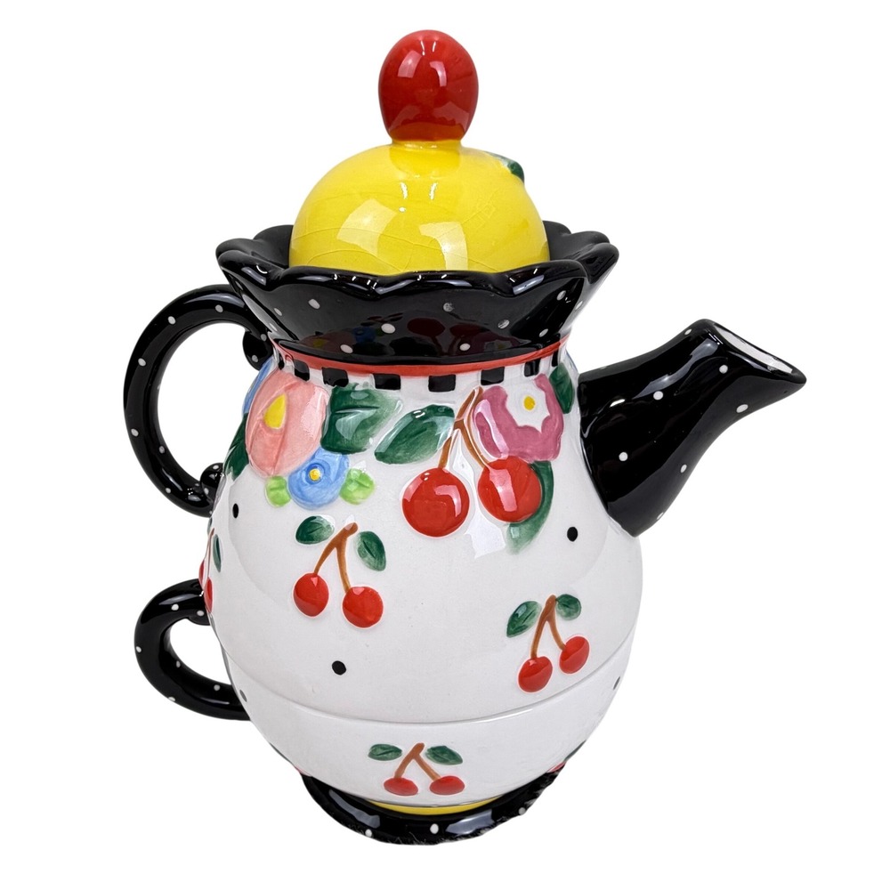 VTG Mary Engelbreit Ceramic Tea For One Set Cherry Floral Dot Stackable Teapot